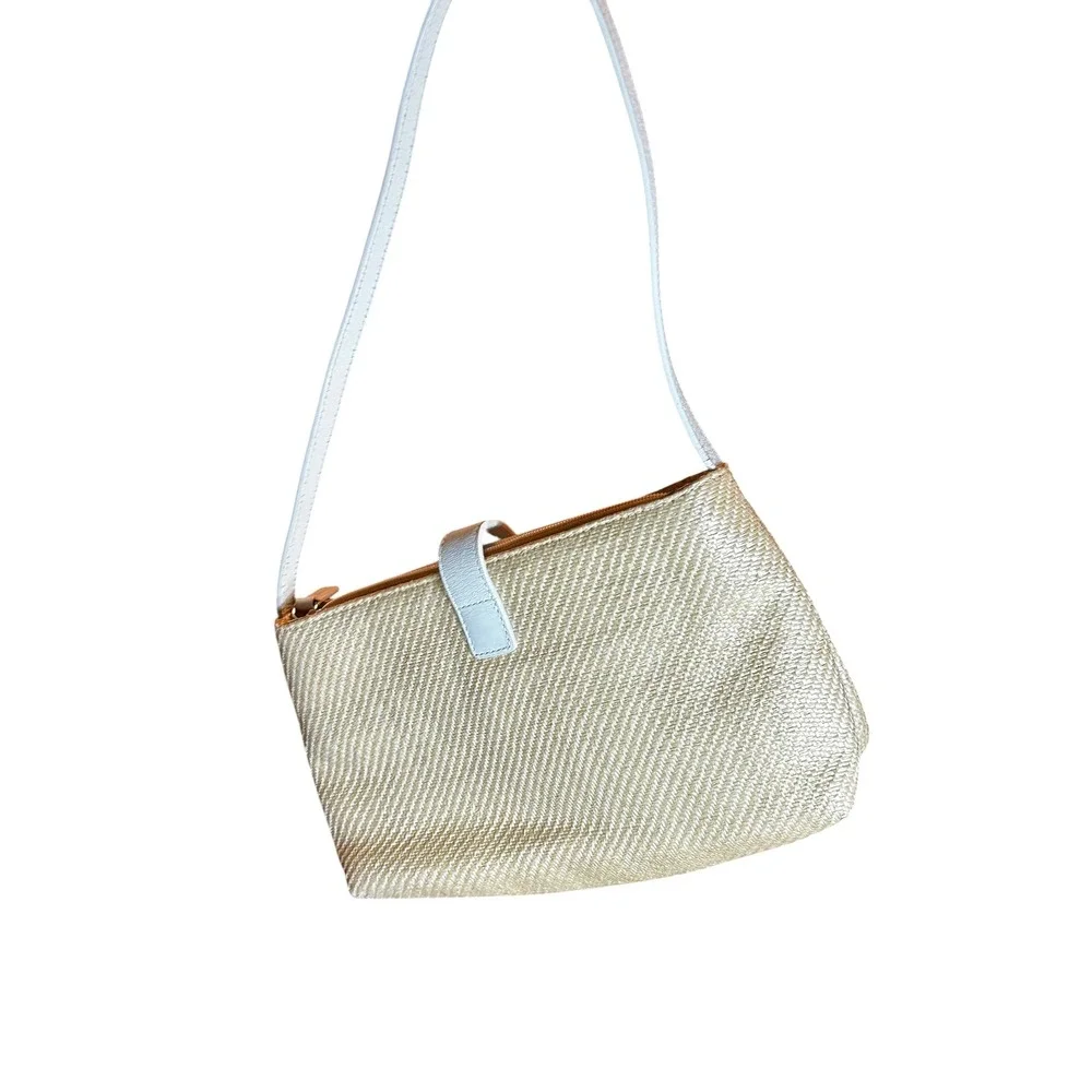 Lauren Ralph Lauren Woven Straw Bag White Leather Trim Silver LRL Monogram Beige